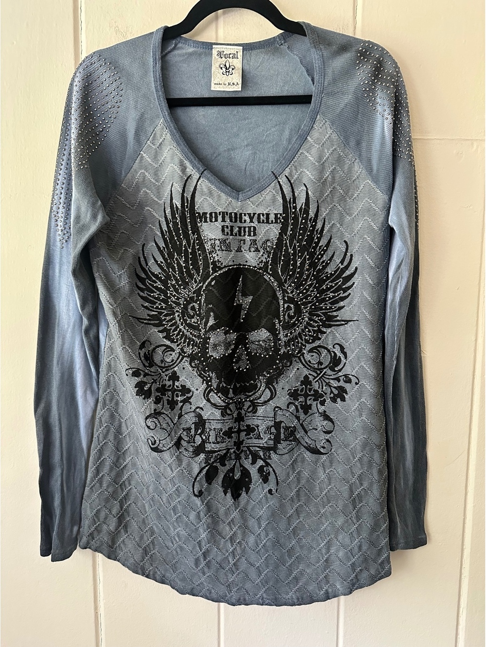 Vintage Vocal USA Biker Rhinestone Long Sleeve Shirt Gray Y2K Grunge Size Large
